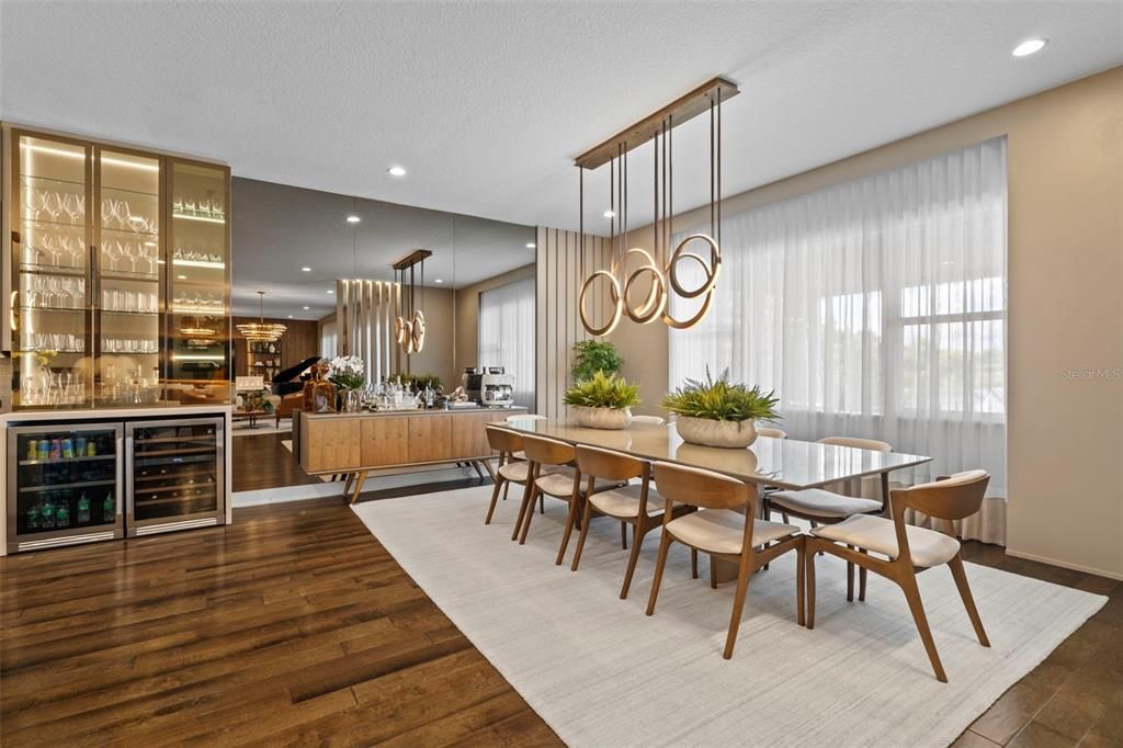 Dining room, Interior, Pendant Lights, Recessed Lighting, Wood Texture Flooring
