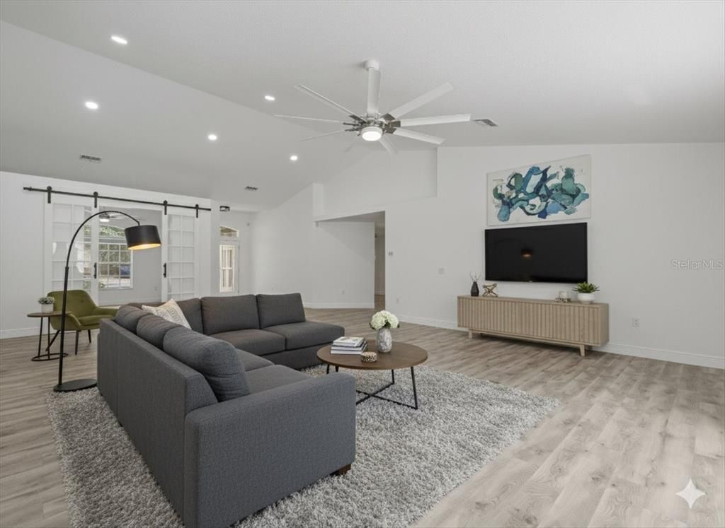 Interior, Living room, Recessed Lighting, Wood Texture Flooring