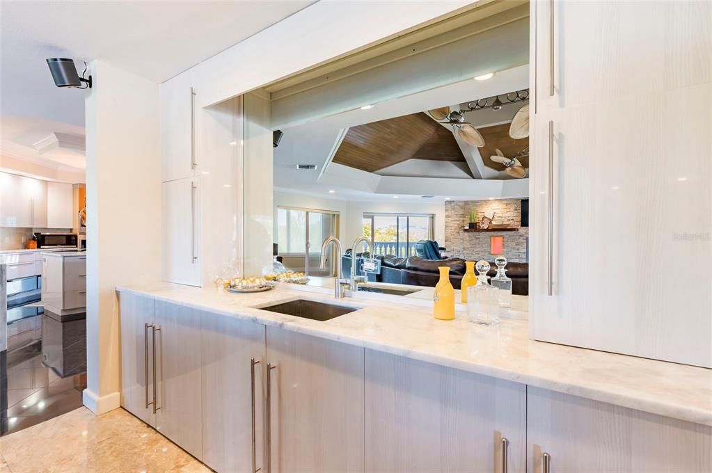 Fireplace, Interior, Kitchen, Recessed Lighting, Stone Walls