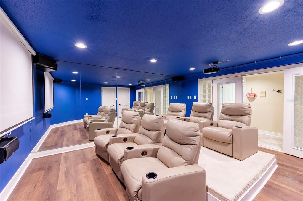 Home Theatre Room, Interior, Projection Screen, Recessed Lighting, Theatre Room, Wood Texture Flooring