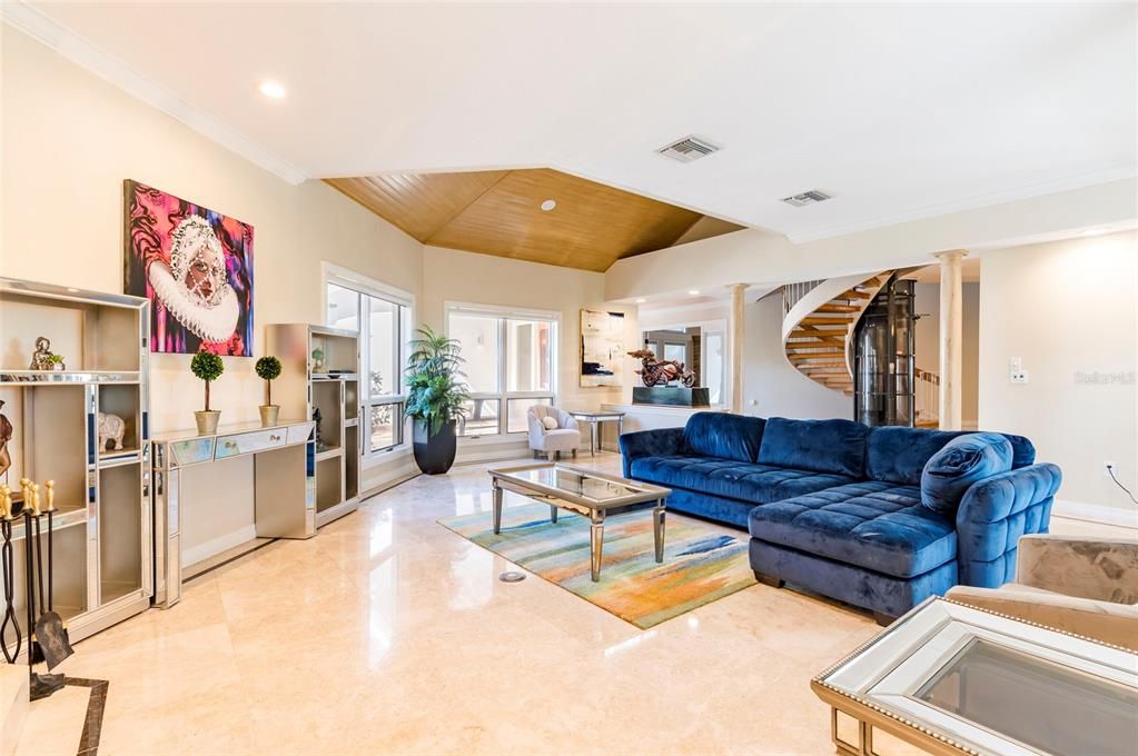 Interior, Living room, Recessed Lighting, Wooden Ceilings