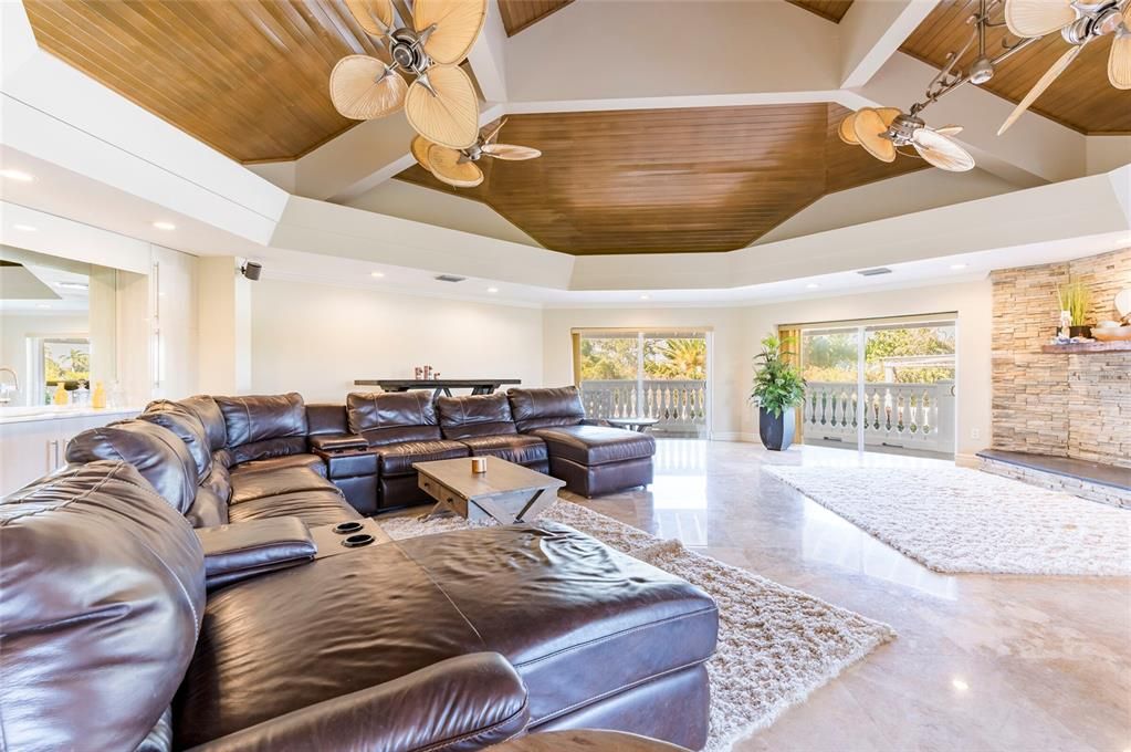 Interior, Living room, Recessed Lighting, Stone Walls, Wooden Ceilings