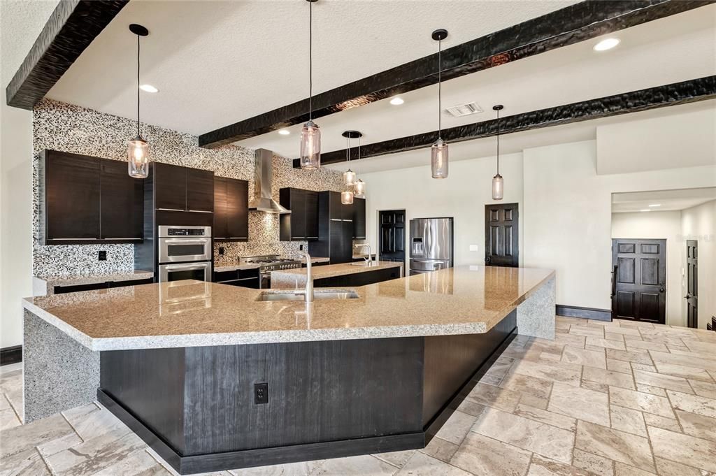 Interior, Kitchen, Pendant Lights, Recessed Lighting, Stainless Steel Appliances, Wooden Beams