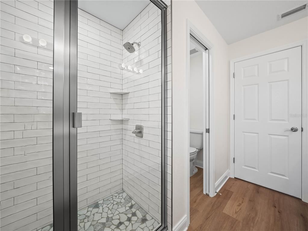 Bathroom, Glass Shower, Interior, Wood Texture Flooring