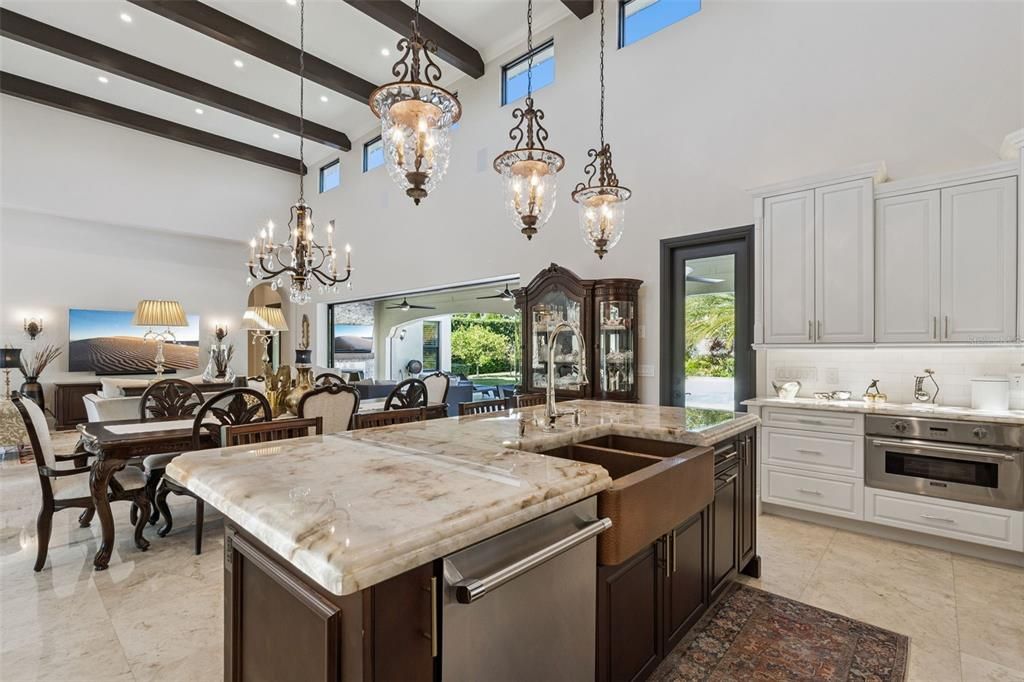 Chandelier, Dining room, Interior, Kitchen, Pendant Lights, Recessed Lighting, Stainless Steel Appliances, Water, Wooden Beams