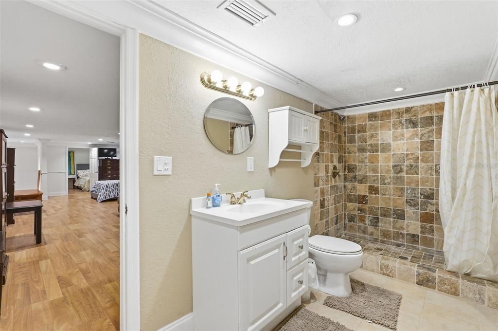 Bathroom, Glass Shower, Interior, Recessed Lighting, Wood Texture Flooring