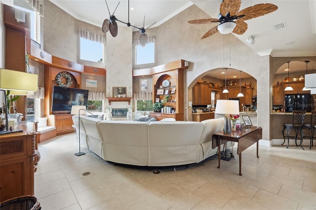 Fireplace, Interior, Kitchen, Living room, Pendant Lights, Recessed Lighting