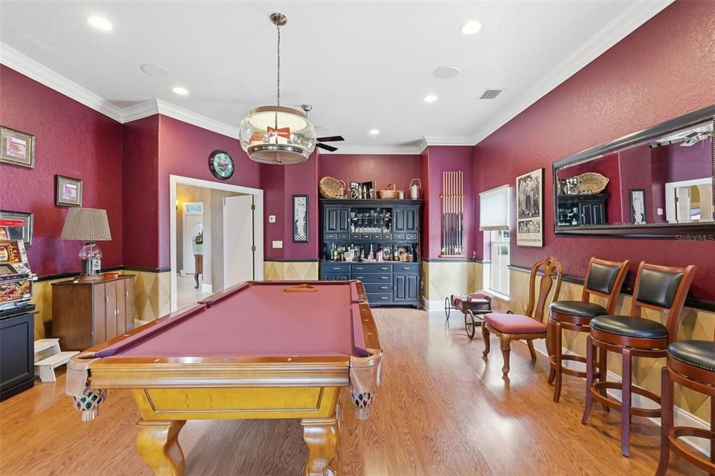 Billiard Table, Game Room, Interior, Pendant Lights, Recessed Lighting, Wood Texture Flooring