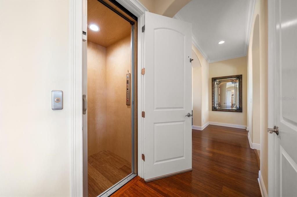 Elevator, Interior, Recessed Lighting, Wooden Ceilings, Wood Texture Flooring, Wooden Walls