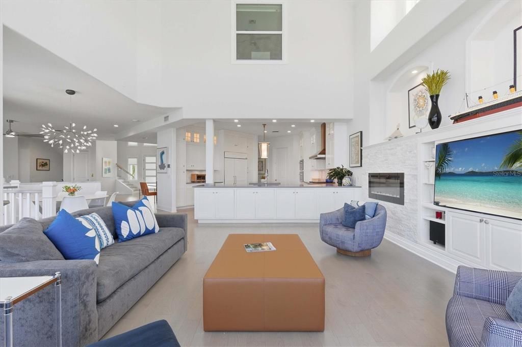 Dining room, Fireplace, Interior, Kitchen, Living room, Pendant Lights, Recessed Lighting, Wood Texture Flooring