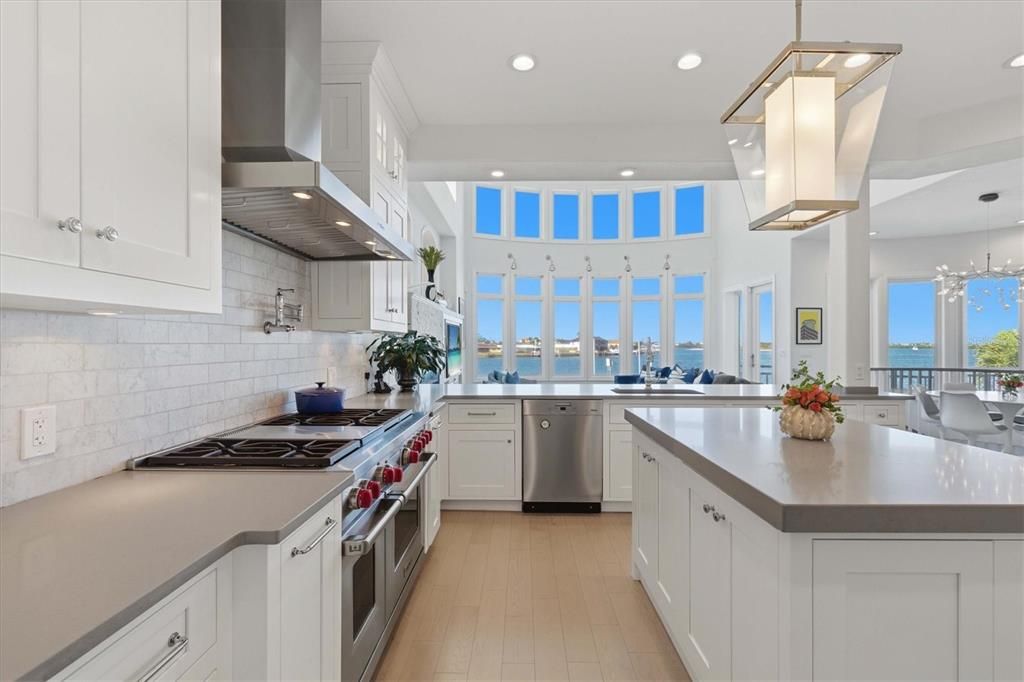 Interior, Kitchen, Pendant Lights, Recessed Lighting, Stainless Steel Appliances, Water, Wood Texture Flooring