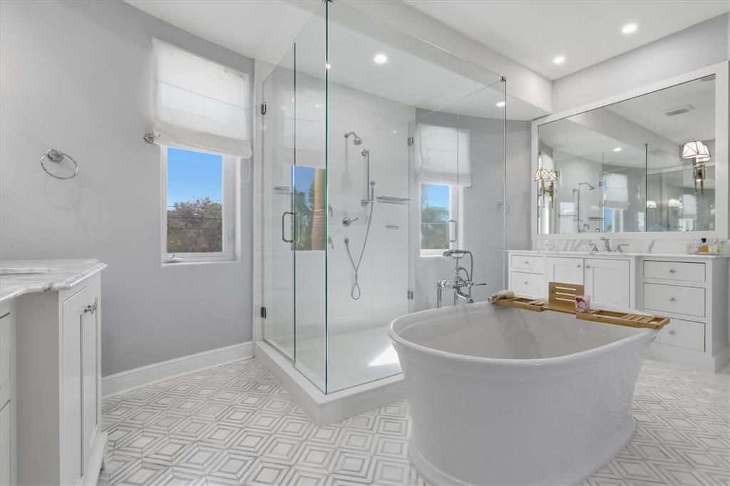 Bathroom, Dual Sink Vanities, Free Standing Baths, Glass Shower, Interior, Recessed Lighting