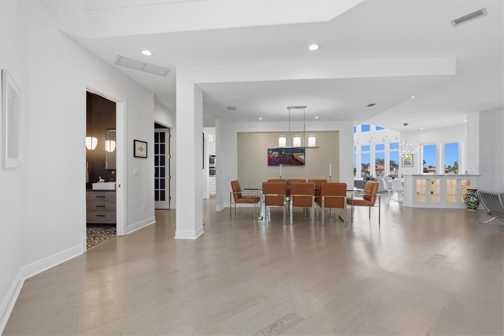 Dining room, Interior, Pendant Lights, Recessed Lighting, Wood Texture Flooring