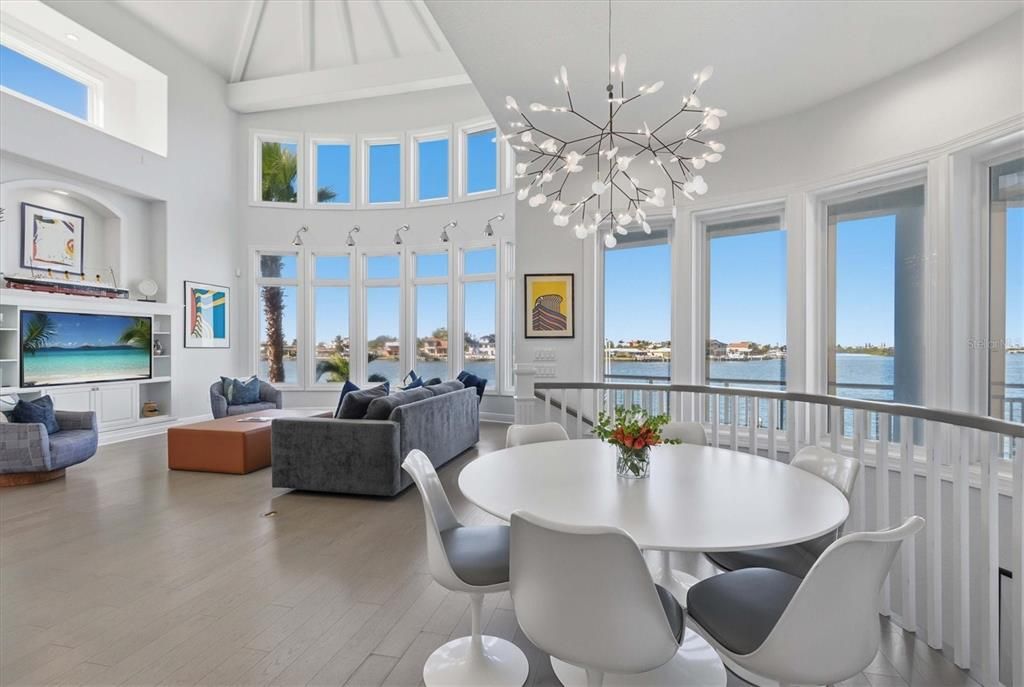 Dining room, Interior, Living room, Pendant Lights, Water, Wood Texture Flooring