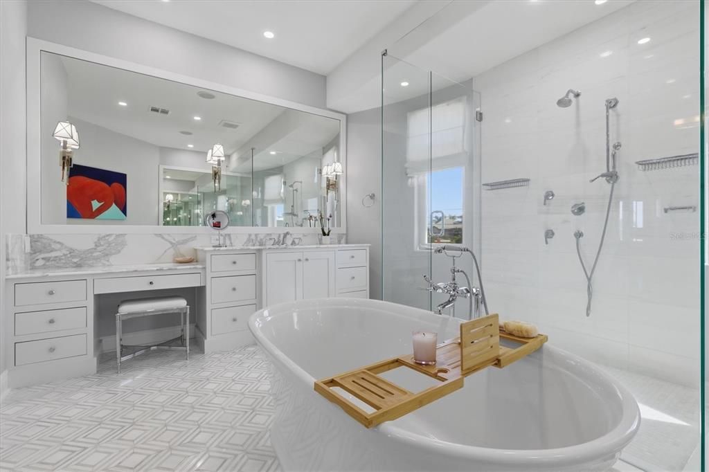 Bathroom, Dual Sink Vanities, Free Standing Baths, Glass Shower, Interior, Recessed Lighting