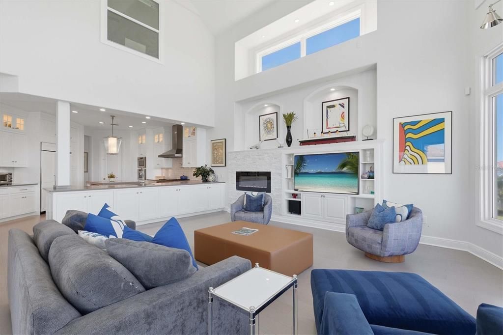 Fireplace, Interior, Kitchen, Living room, Pendant Lights, Recessed Lighting