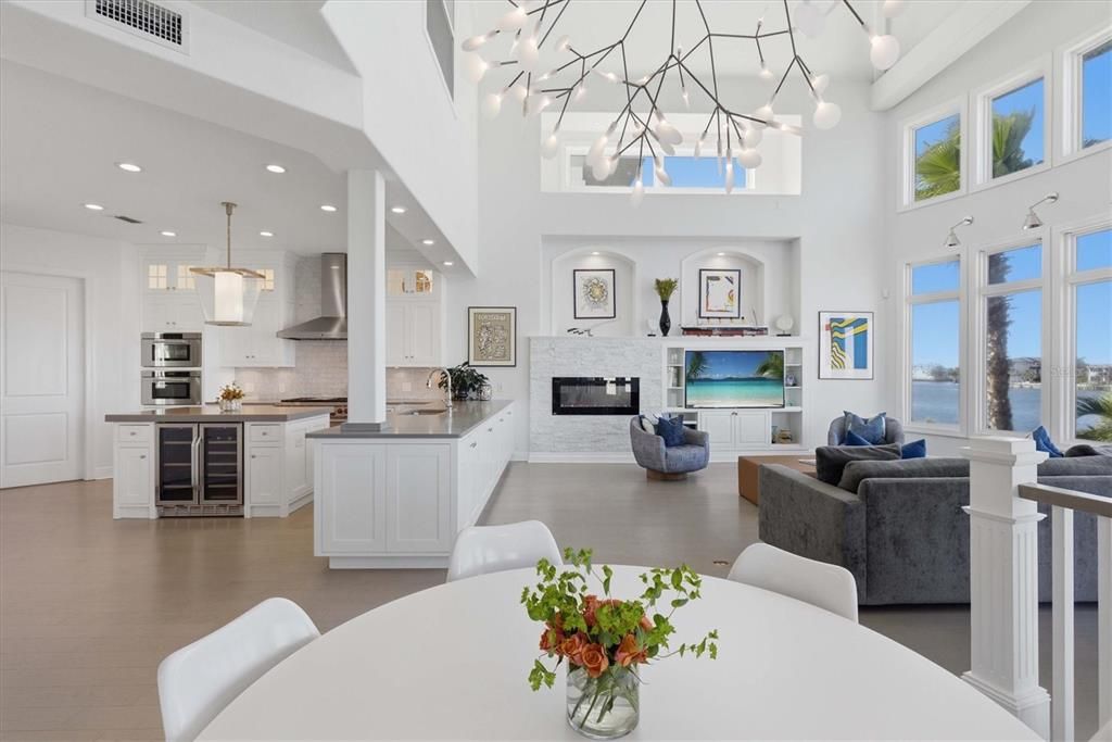 Dining room, Fireplace, Interior, Kitchen, Living room, Pendant Lights, Recessed Lighting, Stainless Steel Appliances, Water