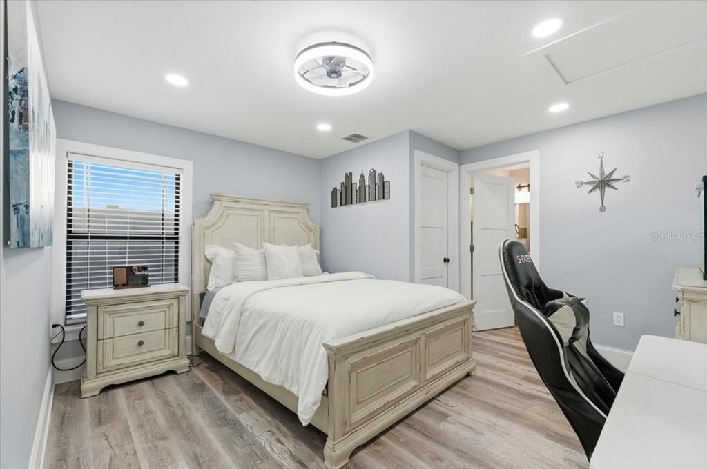Bedroom, Interior, Recessed Lighting, Wood Texture Flooring
