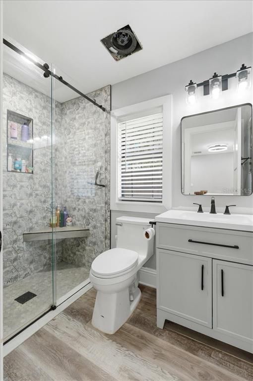 Bathroom, Glass Shower, Interior, Wood Texture Flooring