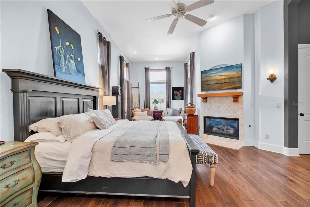 Bedroom, Fireplace, Interior, Recessed Lighting, Wood Texture Flooring