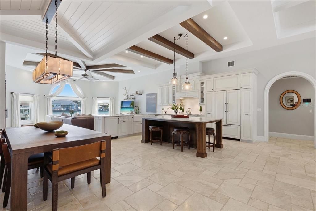 Dining room, Interior, Kitchen, Pendant Lights, Recessed Lighting, Wooden Beams