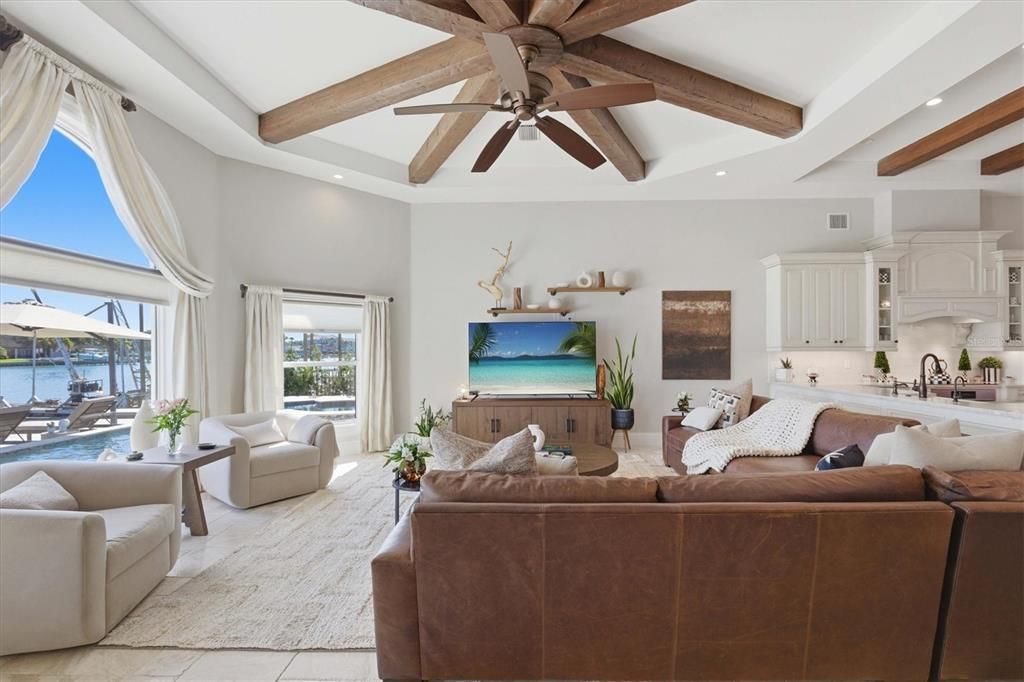 Interior, Living room, Recessed Lighting, Water, Wooden Beams
