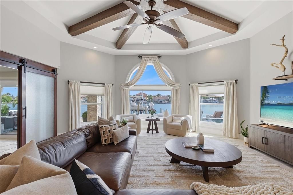 Interior, Living room, Recessed Lighting, Water, Wooden Beams