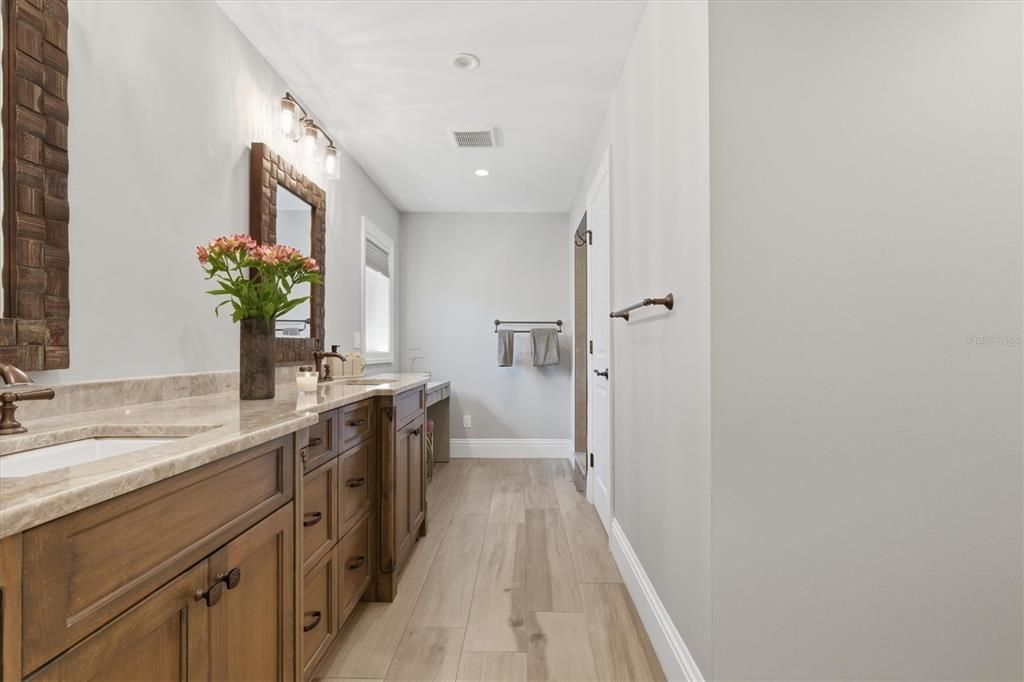 Bathroom, Dual Sink Vanities, Interior, Recessed Lighting, Wood Texture Flooring