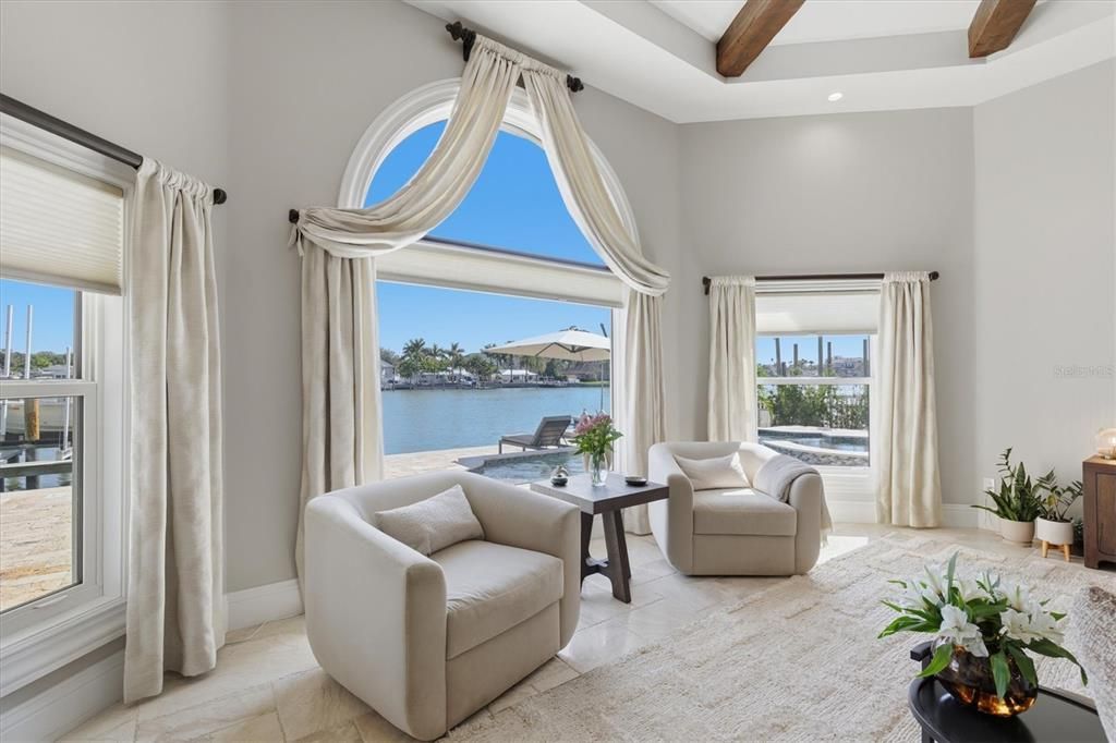 Interior, Living room, Recessed Lighting, Water, Wooden Beams