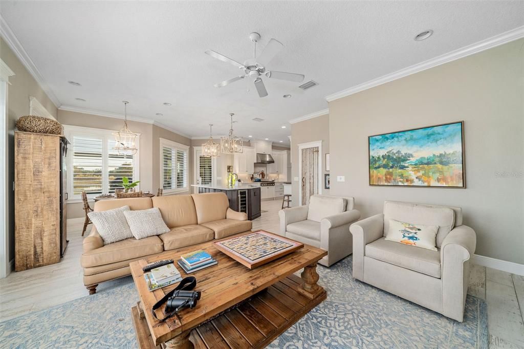 Chandelier, Dining room, Interior, Kitchen, Living room, Pendant Lights, Recessed Lighting, Wood Texture Flooring