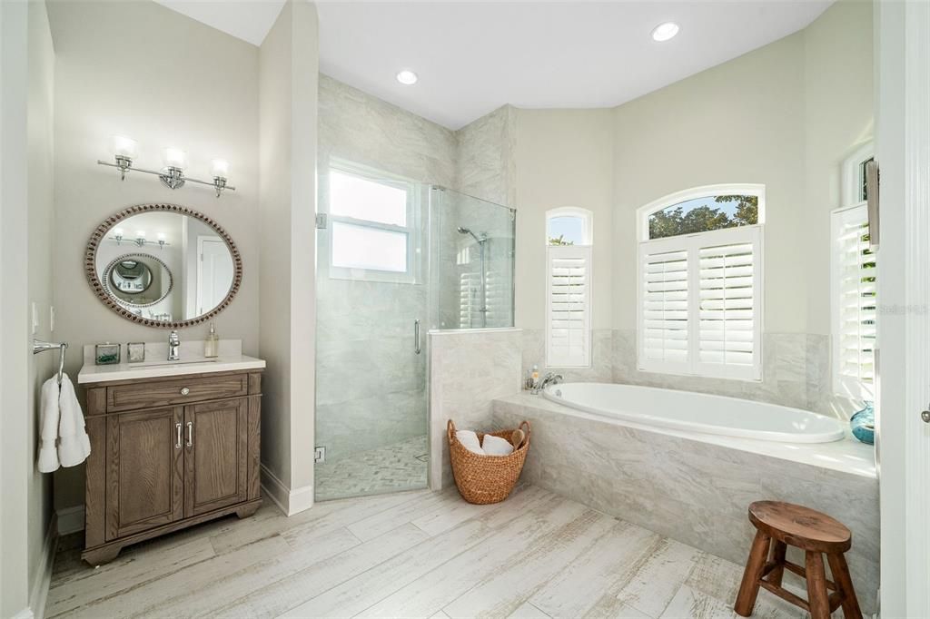 Bathroom, Glass Shower, Interior, Recessed Lighting, Wood Texture Flooring