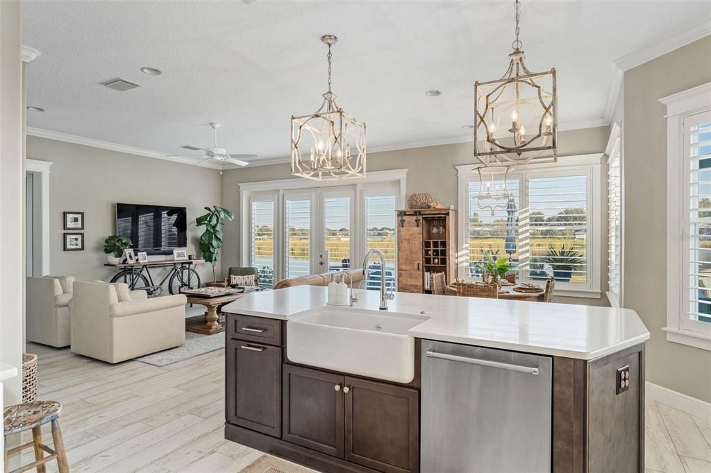 Chandelier, Interior, Kitchen, Living room, Pendant Lights, Recessed Lighting, Wood Texture Flooring