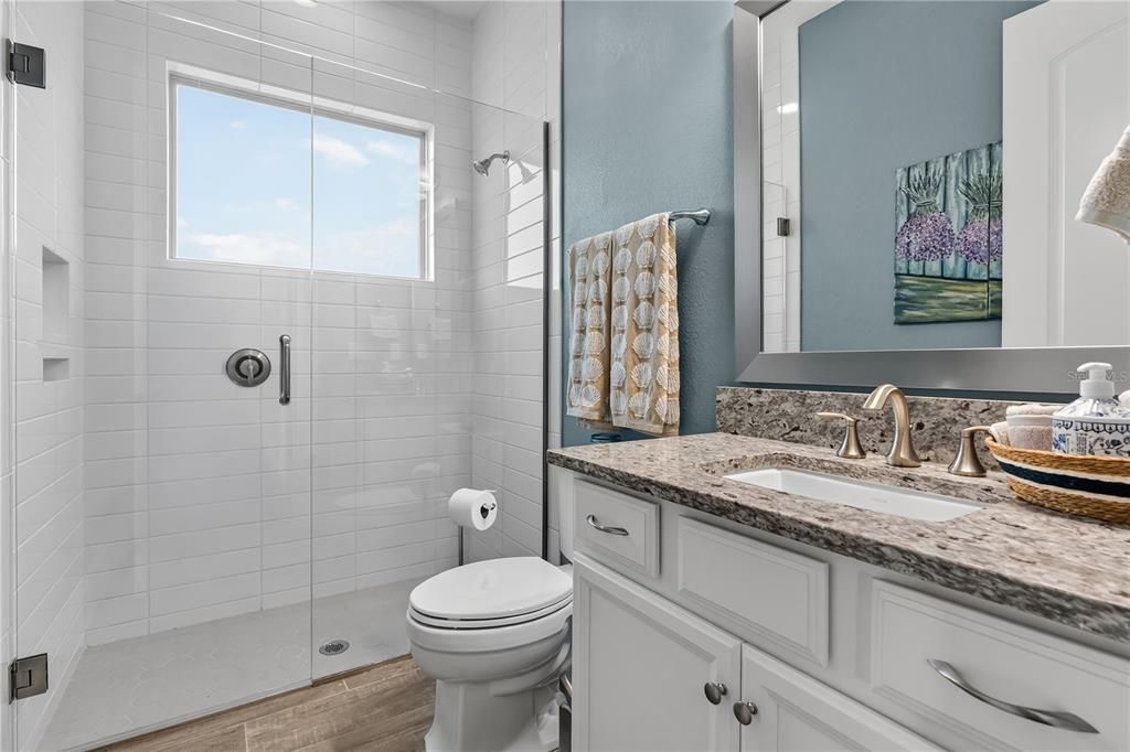 Bathroom, Glass Shower, Interior, Wood Texture Flooring