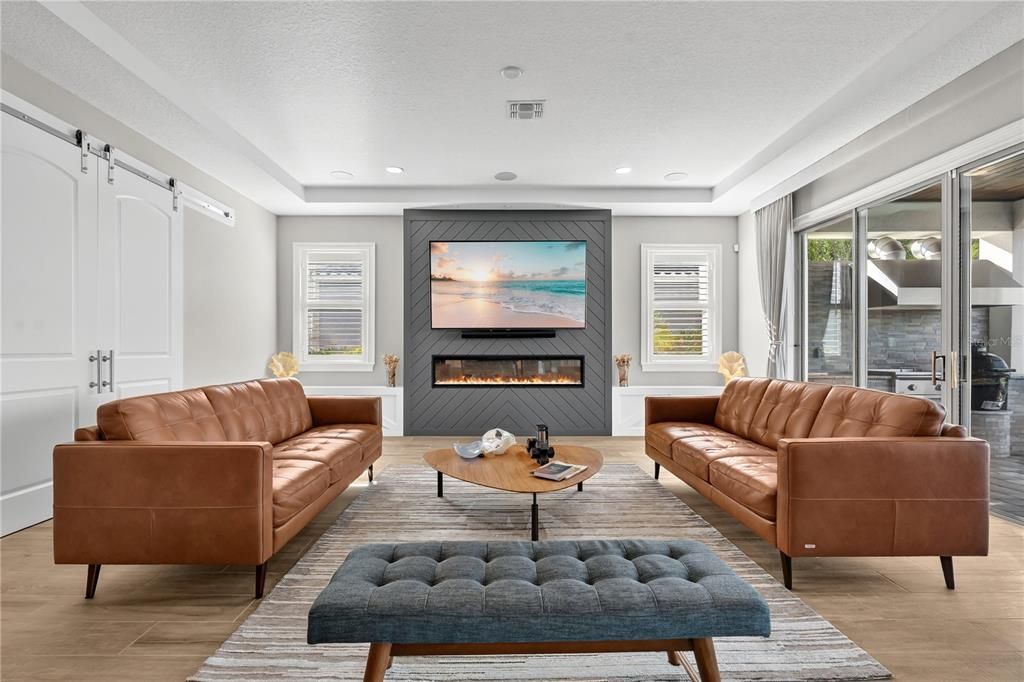 Fireplace, Interior, Living room, Recessed Lighting, Wood Texture Flooring