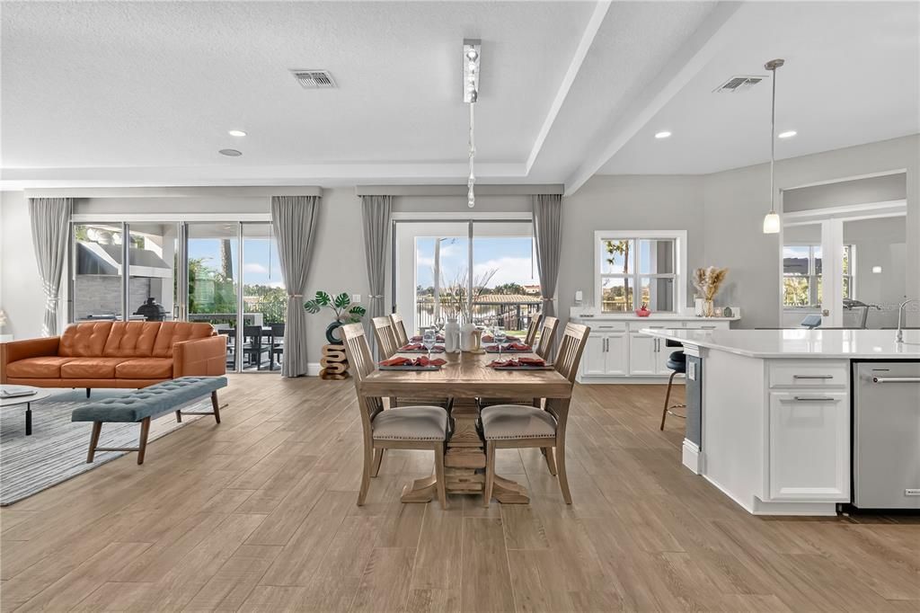 Dining room, Interior, Kitchen, Living room, Pendant Lights, Recessed Lighting, Wood Texture Flooring