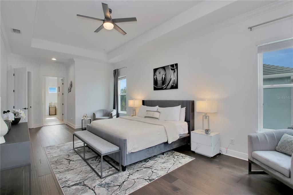 Bedroom, Interior, Recessed Lighting, Wood Texture Flooring