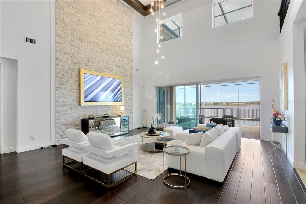 Interior, Living room, Pendant Lights, Stone Walls, Wood Texture Flooring
