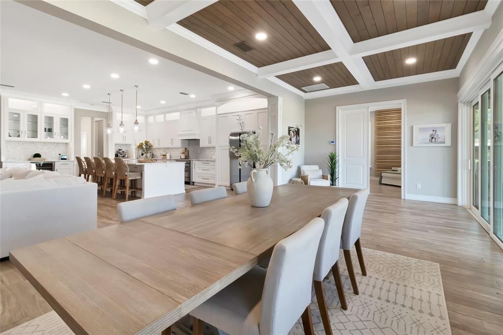 Dining room, Interior, Kitchen, Pendant Lights, Recessed Lighting, Stainless Steel Appliances, Wooden Ceilings, Wood Texture Flooring