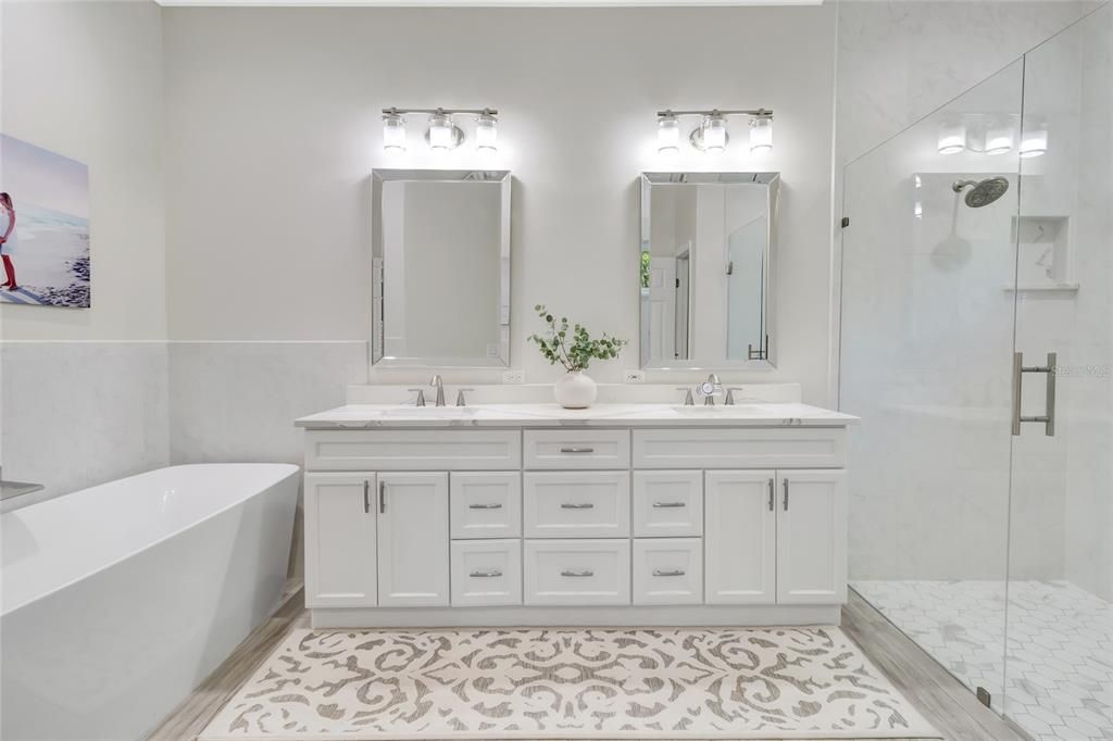 Bathroom, Dual Sink Vanities, Free Standing Baths, Glass Shower, Interior