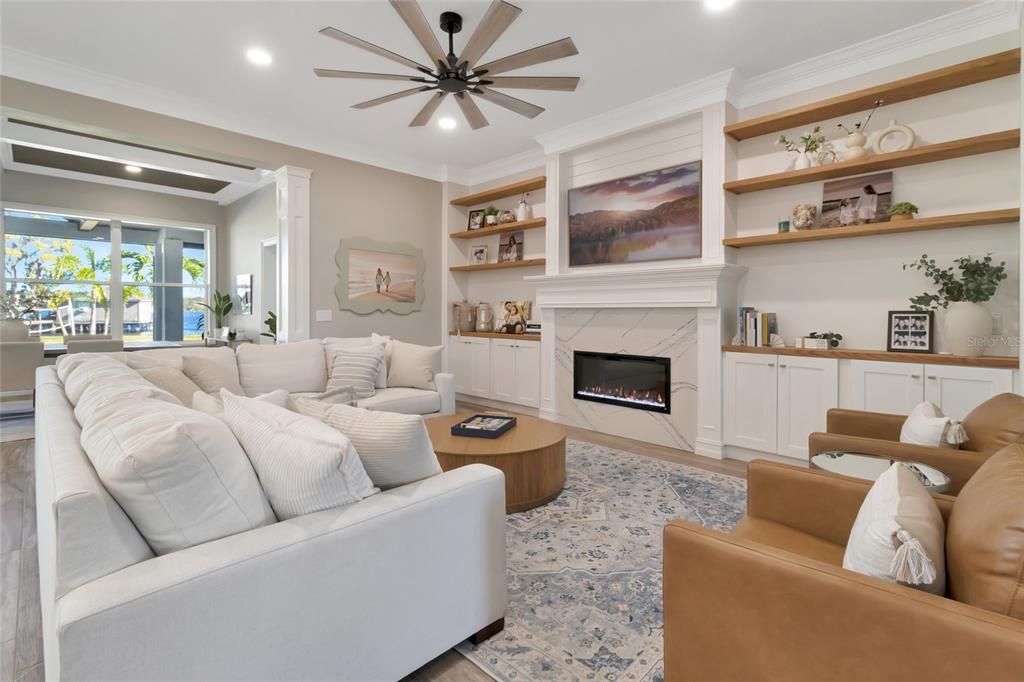 Fireplace, Interior, Living room, Recessed Lighting, Wood Texture Flooring