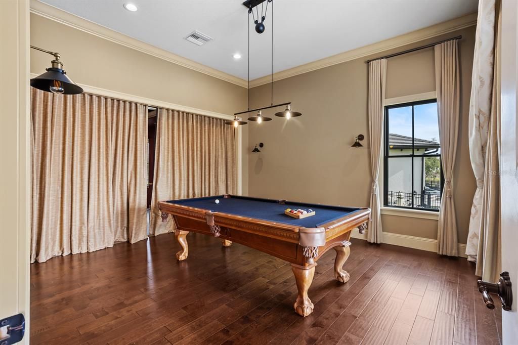 Billiard Table, Game Room, Interior, Pendant Lights, Recessed Lighting, Wood Texture Flooring