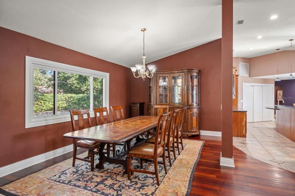 Chandelier, Dining room, Interior, Pendant Lights, Recessed Lighting, Wood Texture Flooring