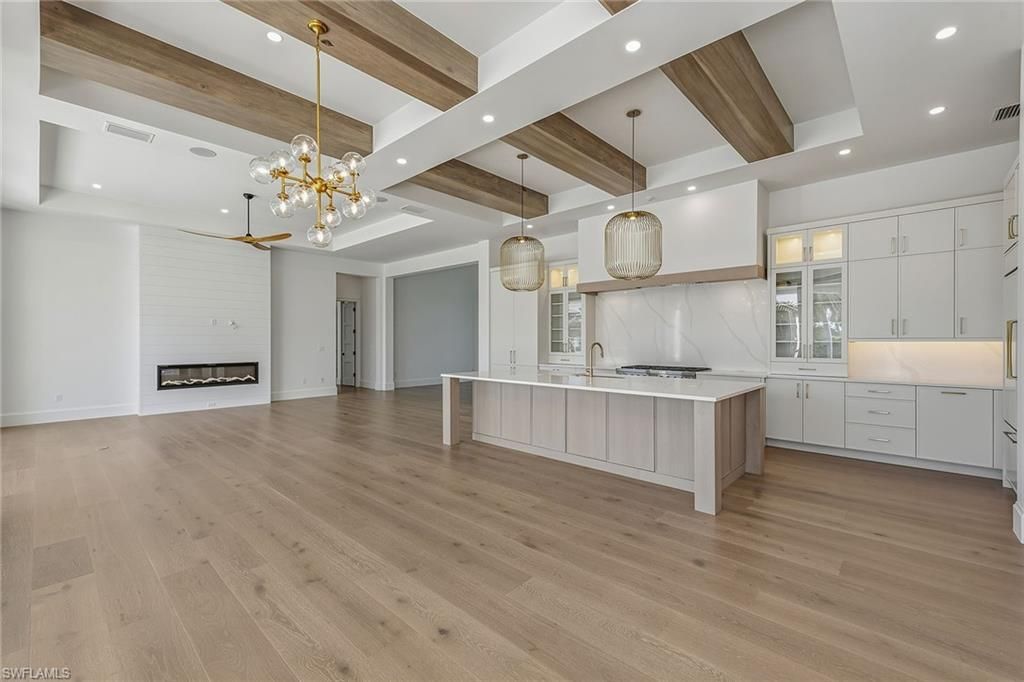 Fireplace, Interior, Kitchen, Pendant Lights, Recessed Lighting, Wooden Beams, Wood Texture Flooring