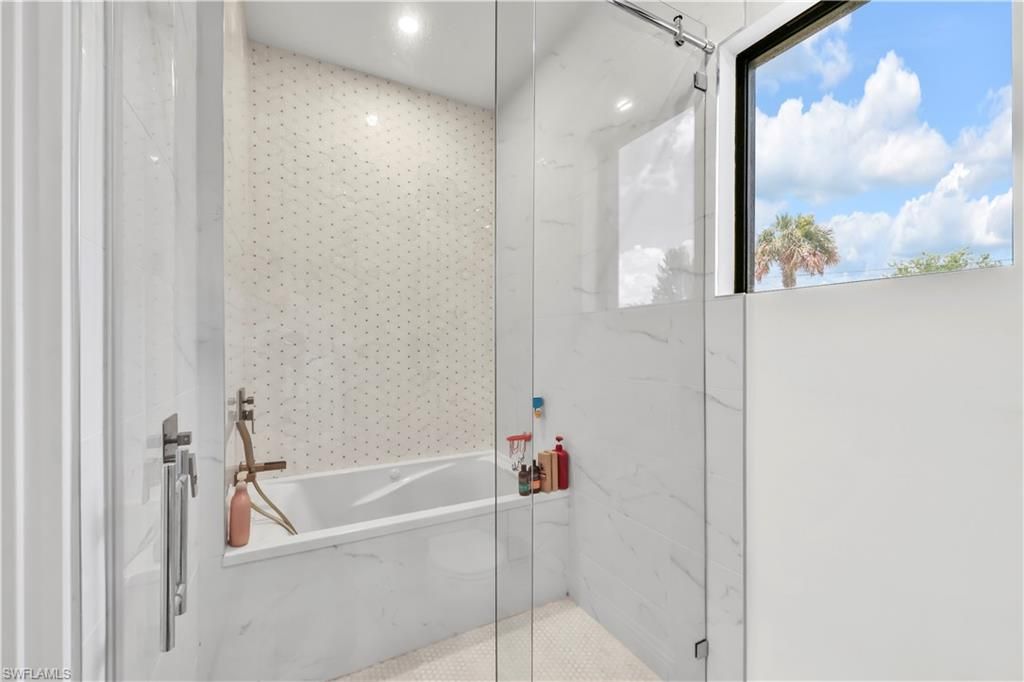 Bathroom, Glass Shower, Interior, Marble Walls, Recessed Lighting