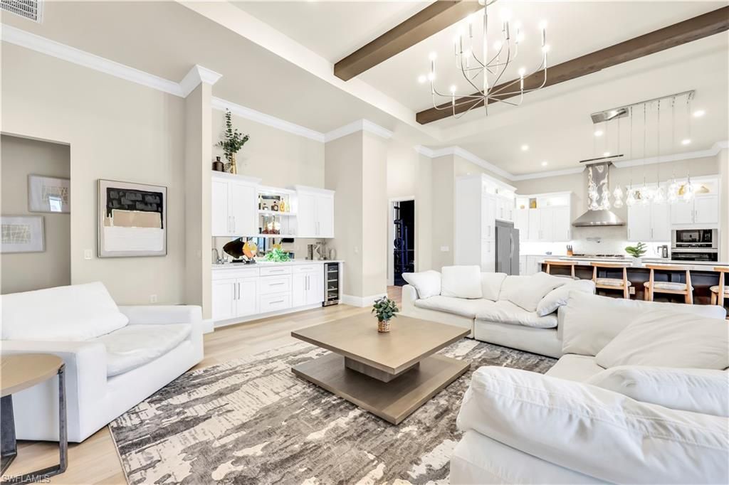 Interior, Kitchen, Living room, Pendant Lights, Recessed Lighting, Stainless Steel Appliances, Wooden Beams, Wood Texture Flooring