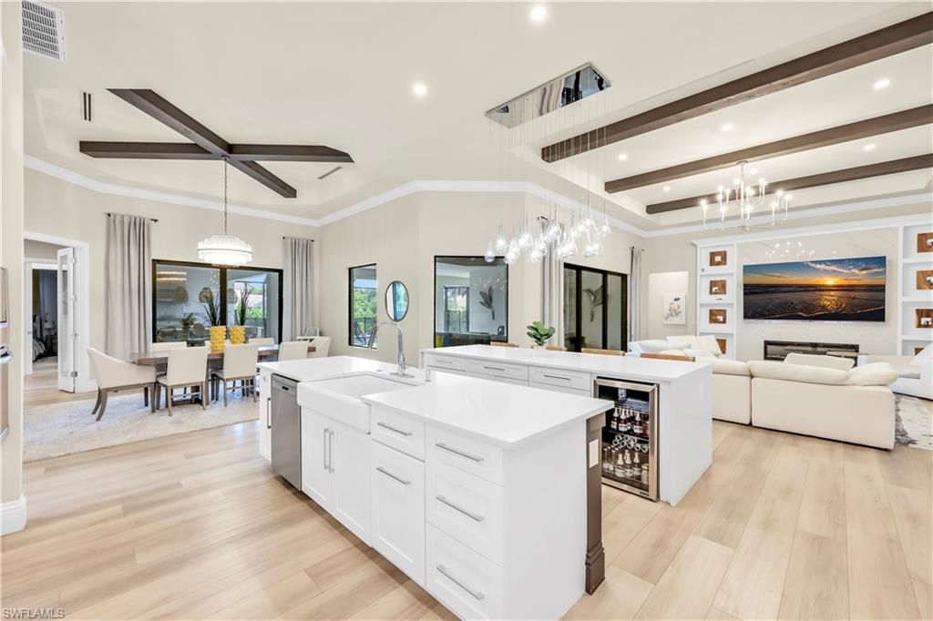 Dining room, Interior, Kitchen, Living room, Pendant Lights, Recessed Lighting, Wooden Beams, Wood Texture Flooring