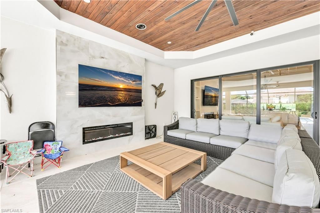 Fireplace, Interior, Living room, Recessed Lighting, Wooden Ceilings