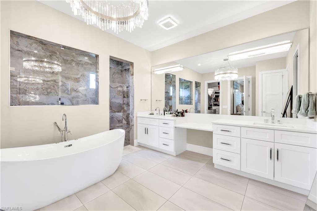Bathroom, Chandelier, Dual Sink Vanities, Free Standing Baths, Interior, Recessed Lighting