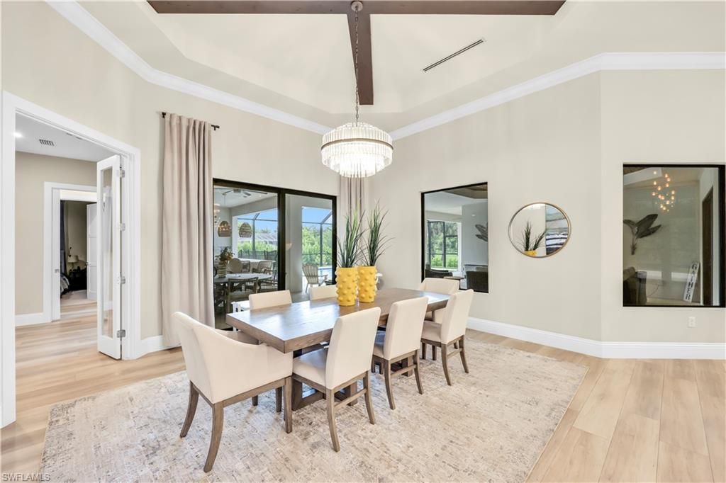 Chandelier, Dining room, Interior, Wood Texture Flooring