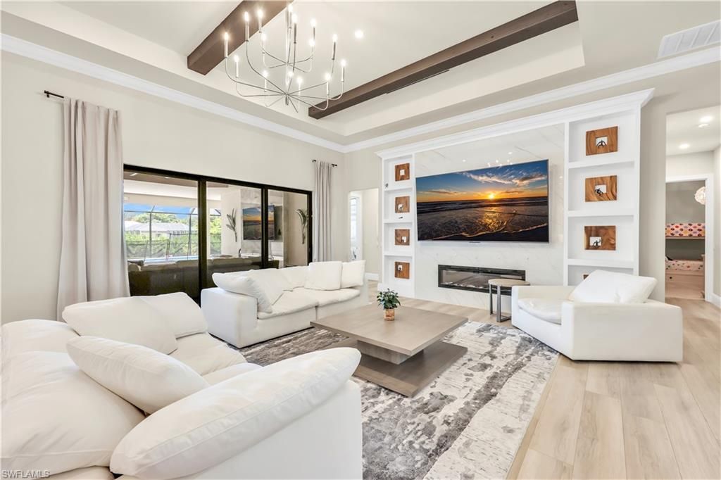 Fireplace, Interior, Living room, Pendant Lights, Recessed Lighting, Wood Texture Flooring